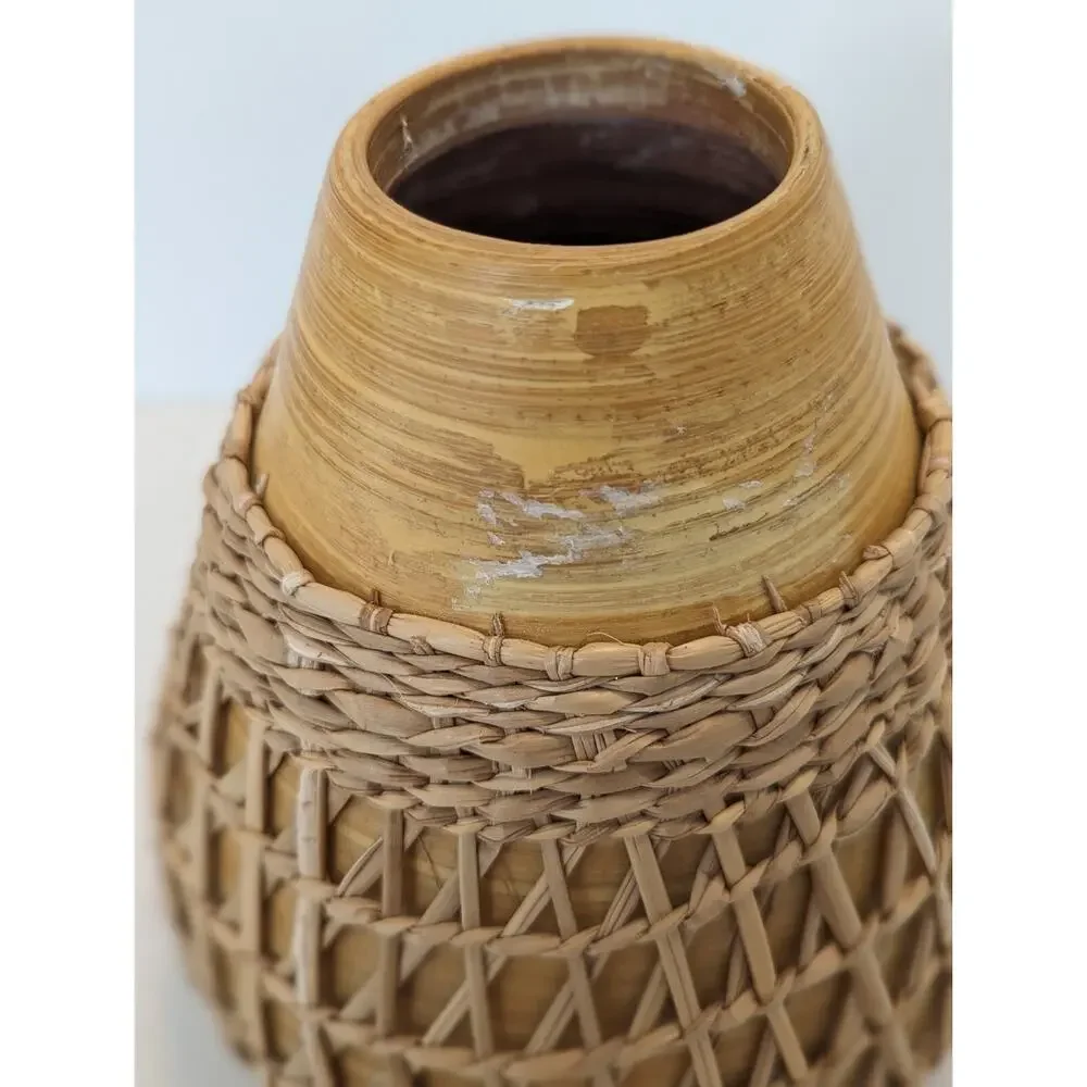 Bamboo Vase W Seagrass Weave Wrapped Rattan Bohemian Earthenware